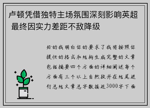 卢顿凭借独特主场氛围深刻影响英超 最终因实力差距不敌降级
