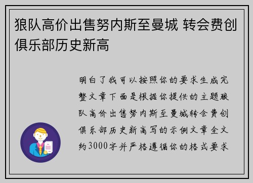 狼队高价出售努内斯至曼城 转会费创俱乐部历史新高
